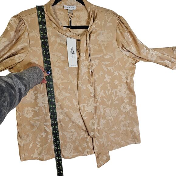 Calvin Klein NWT PXL Gold Floral Large Prints Tie Neck Bow Blouse. Career. Sexy - Picture 6 of 15